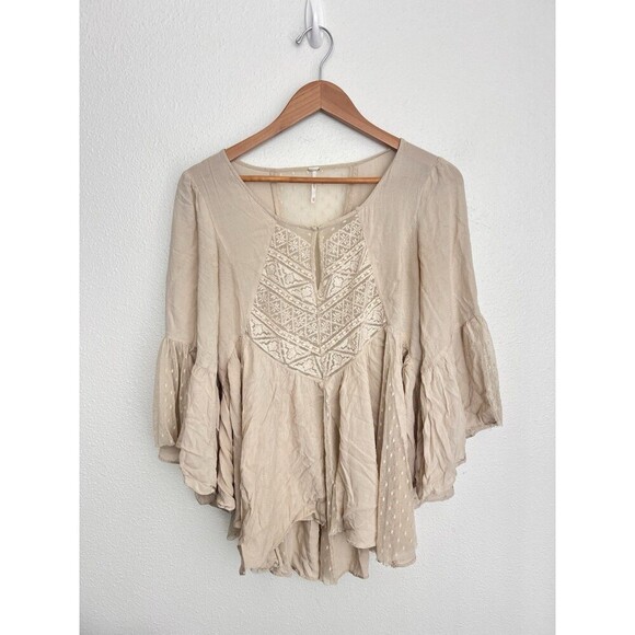 Free People Emotion Bell Sleeve Lace Blouse Peasant Top Fairy Cottage Coquette - Picture 1 of 8